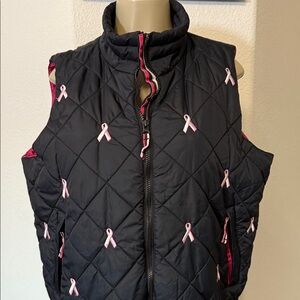 Coldwater Creek Black and Pink Quilted Vest, Brest Cancer, Vintage, XL front